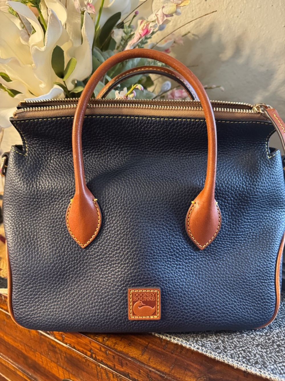 Dooney & Bourke Navy Pebbled Leather Crossbody Satchel with Brown Trim